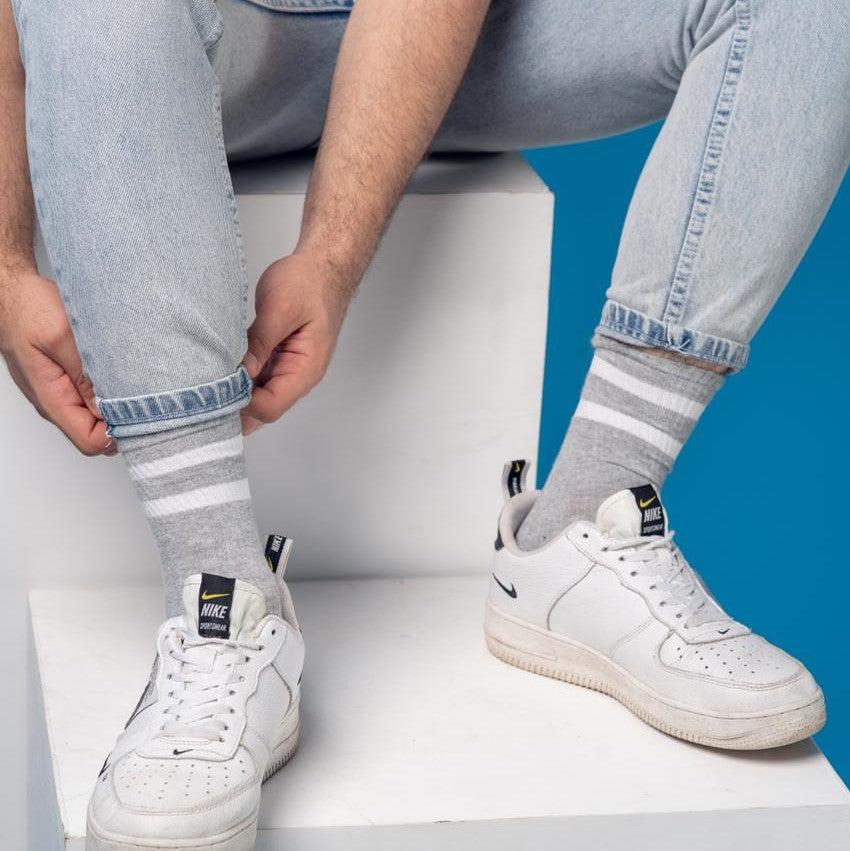 Basic Grey With White Strips Mid Calf Socks