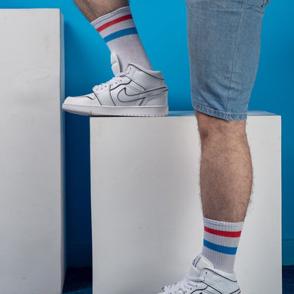Basic white with red blue strips Mid Calf socks
