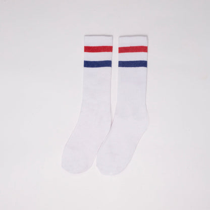Basic white with red blue strips Mid Calf socks