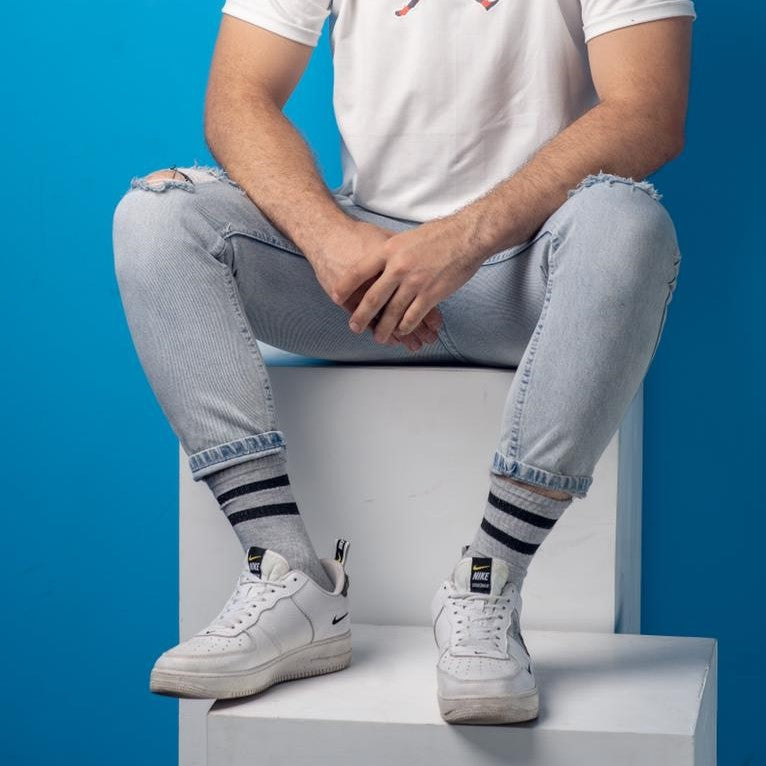 Basic Grey With Black Strips Mid Calf Socks