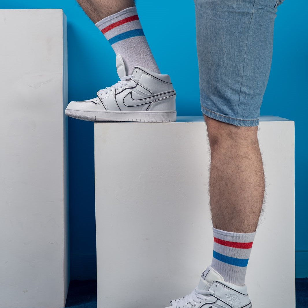 Basic White With Red Blue Strips Mid Calf Socks