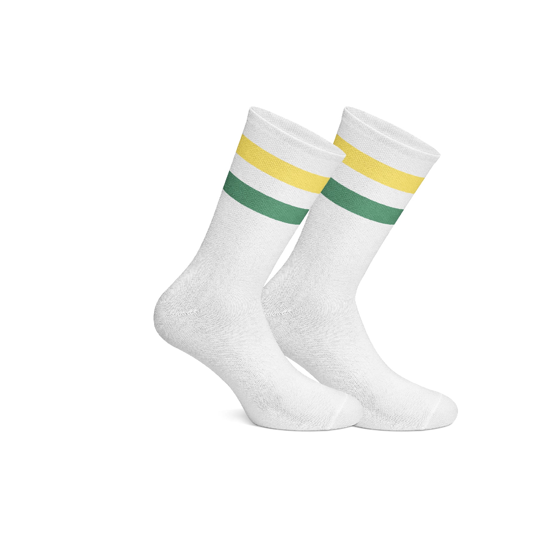 Basic White With Yellow Green Strips Mid Calf Socks