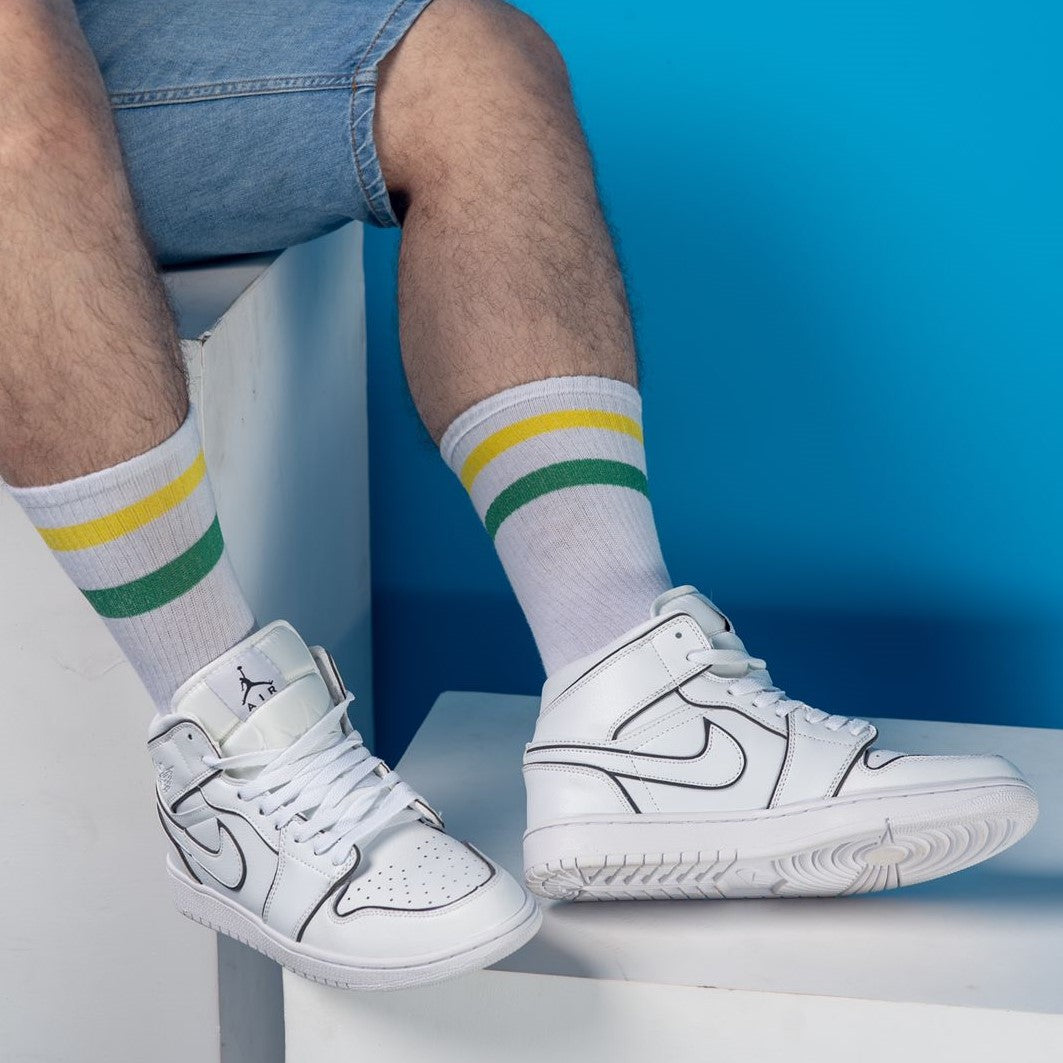 Basic White With Yellow Green Strips Mid Calf Socks