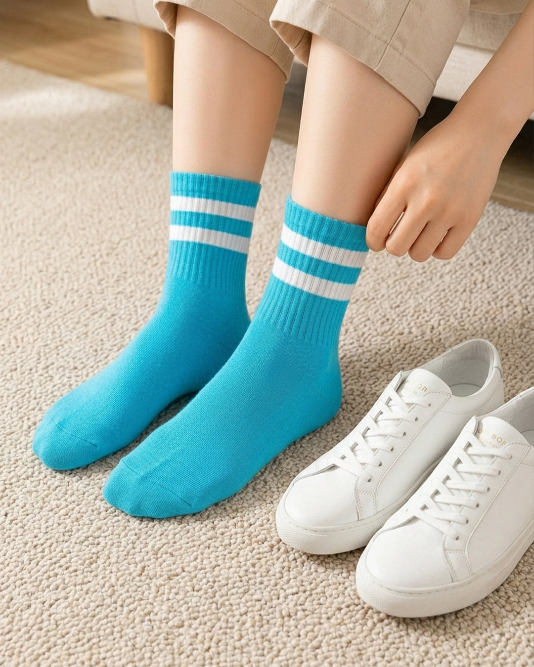 Basic Light Blue with white stripes Mid Calf