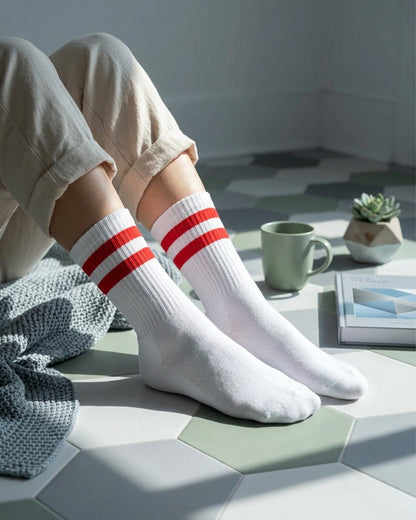 Basic white with red strips Mid Calf socks