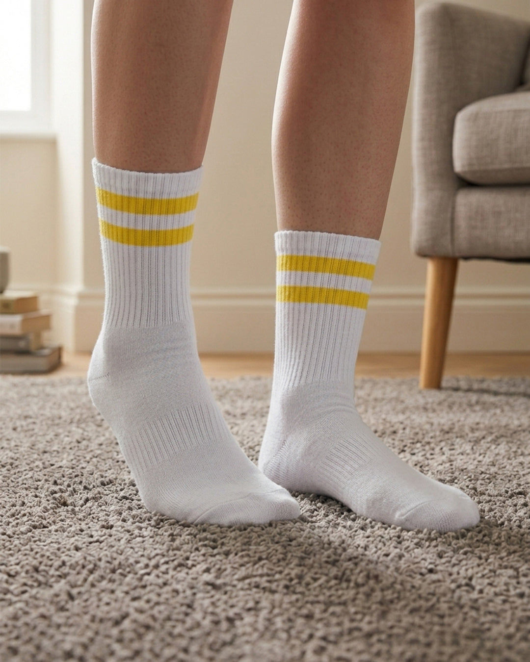 Basic white with yellow strips Mid Calf socks