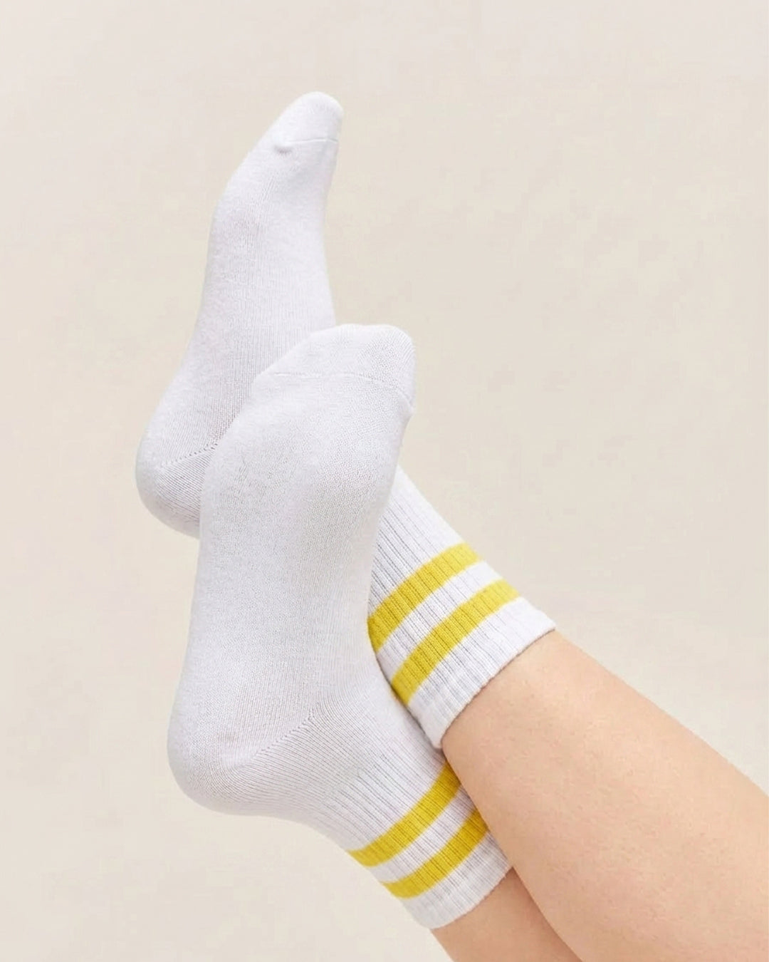 Basic white with yellow strips Mid Calf socks