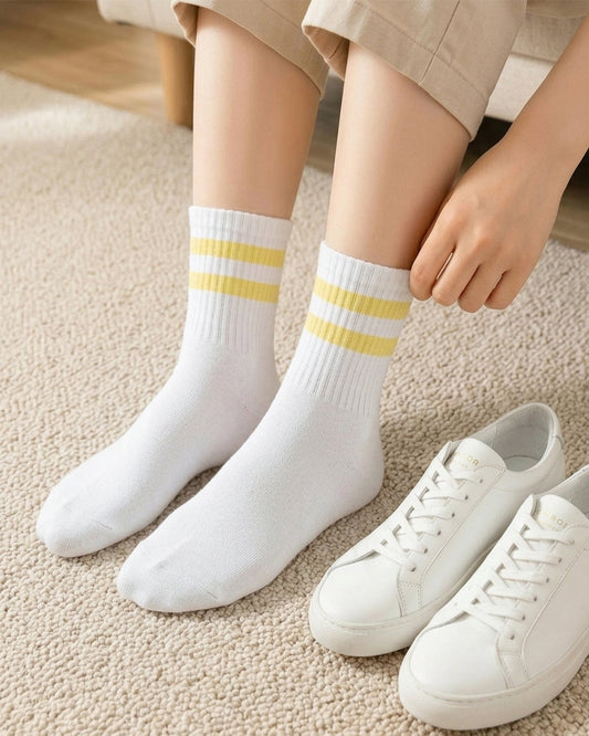 Basic white with yellow strips Mid Calf socks