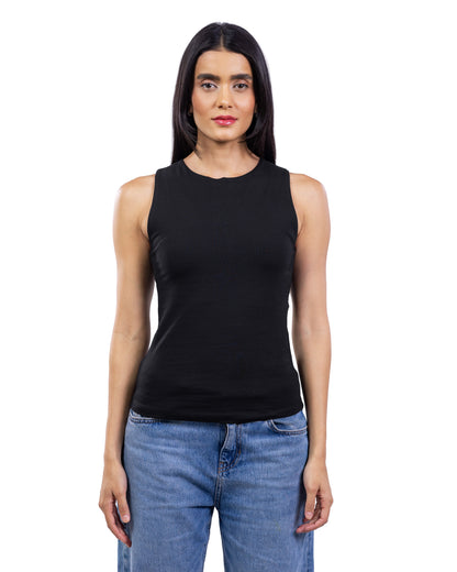 A woman modeling a sleeveless black tank top with a crew neck, paired with blue jeans, against a plain white background.