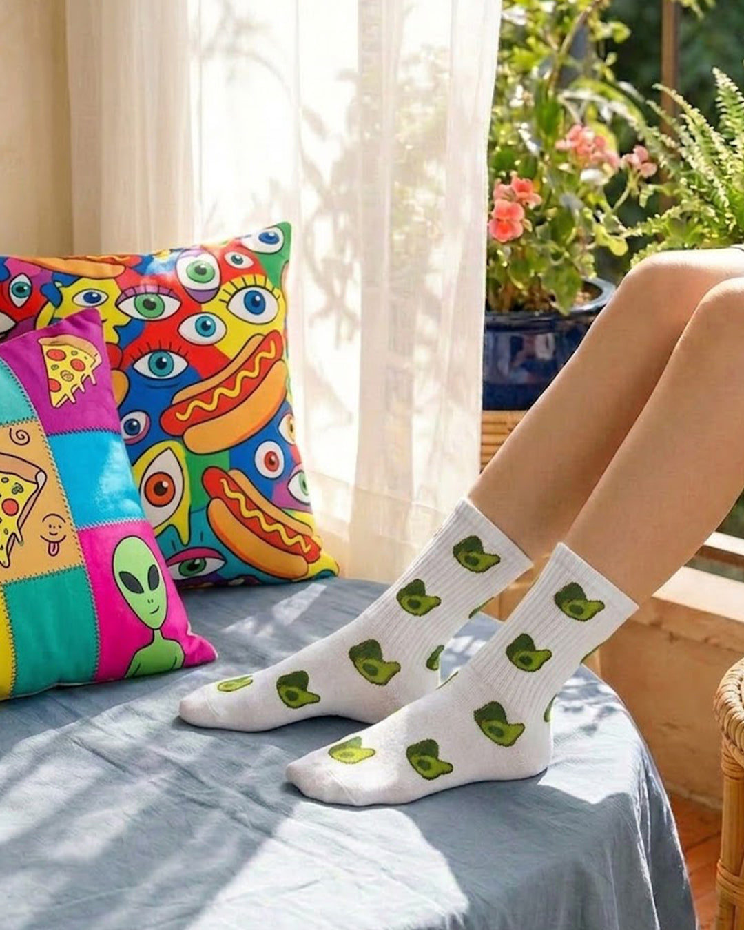 Avocado White Mid Calf Socks
