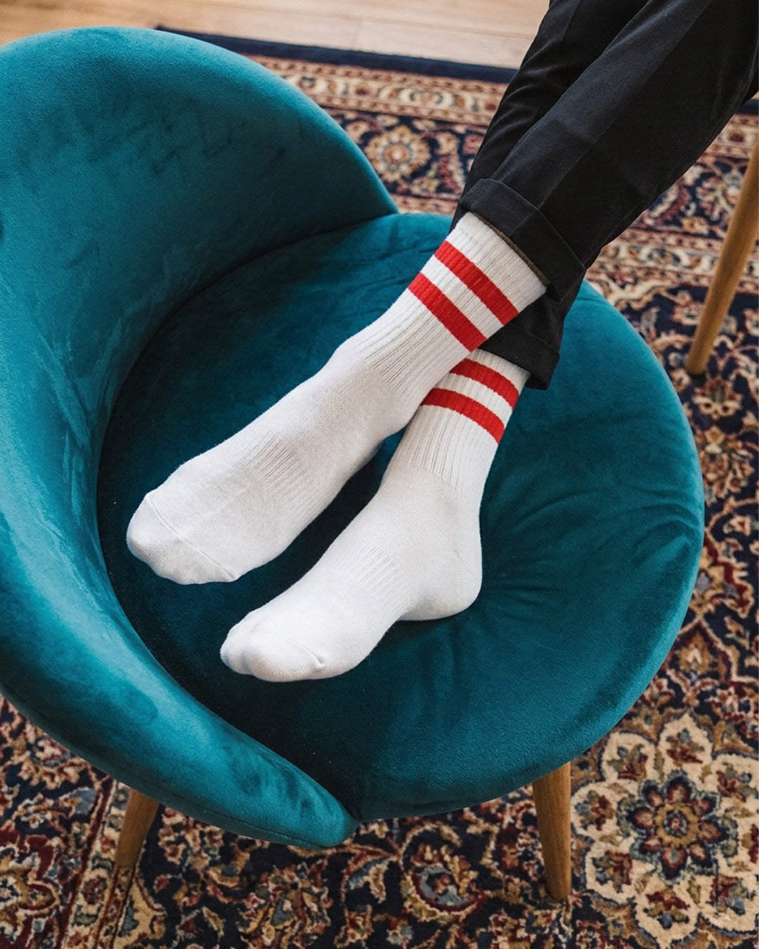 Basic white with red strips Mid Calf socks