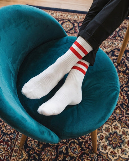 Basic white with red strips Mid Calf socks